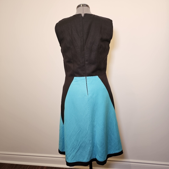 Custom handmade blue black color block linen lined a-line midi dress size 12 US. - Picture 4 of 6
